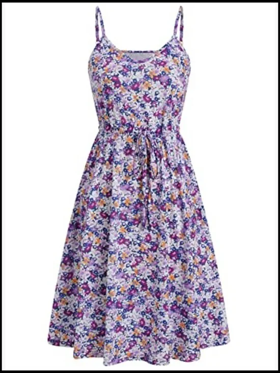 Cotton Blend A-Line Sun Dress with Pockets and Adjustable Waist - Picture 3 of 7